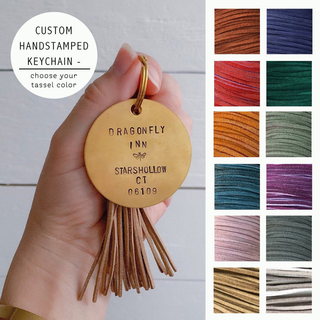 Custom Keychain - Choose Your Quote - 2" Solid Brass Hand Stamped - Key Ring - Suede Tassel