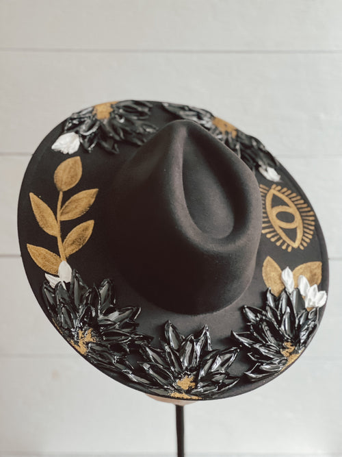 Desert Wide Brim Hat - Eye Rancher Hat - Flowers Boho Hat - Thick Paint Wide Brim Hat - Festival Accessory