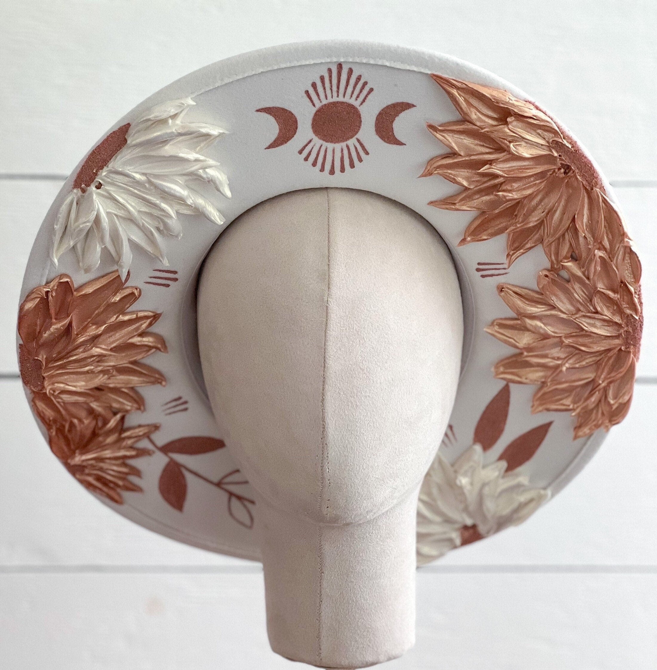 Moon Flower Crown Hat - Rancher Hat Thick Paint Hat - Boho Wide Brim Hat - Country Concert - Derby Day - Festival Accessory
