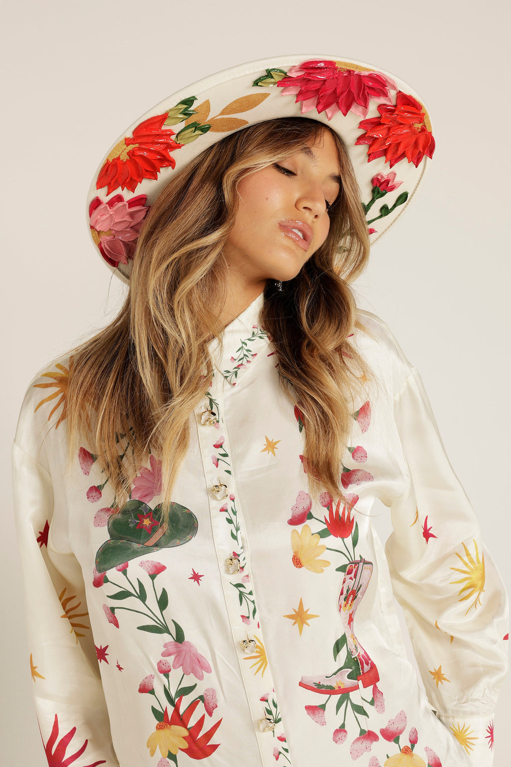 Hand-Painted Flower Rancher Hat: Desert Orchid Western Brim