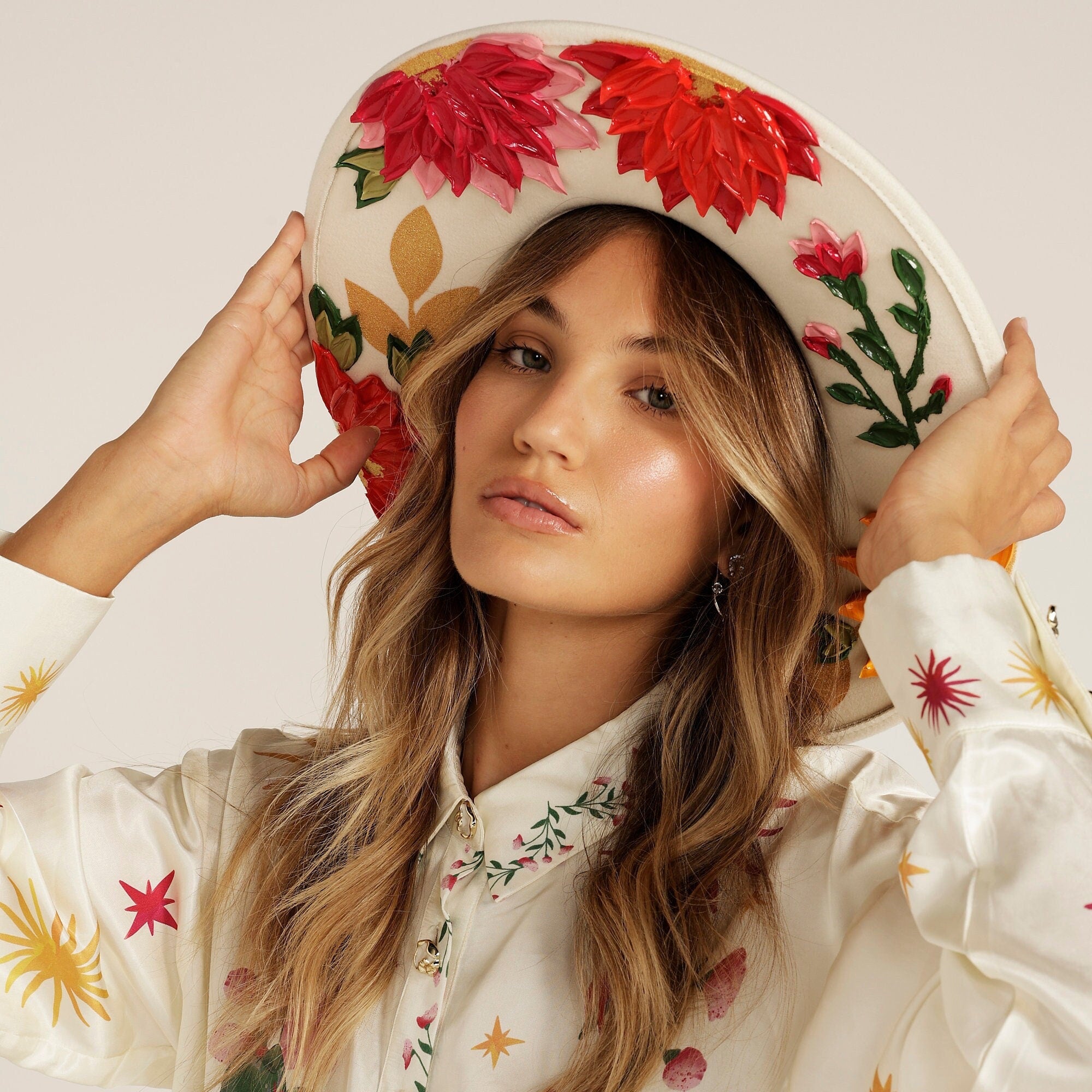 Hand-Painted Flower Rancher Hat: Desert Orchid Western Brim