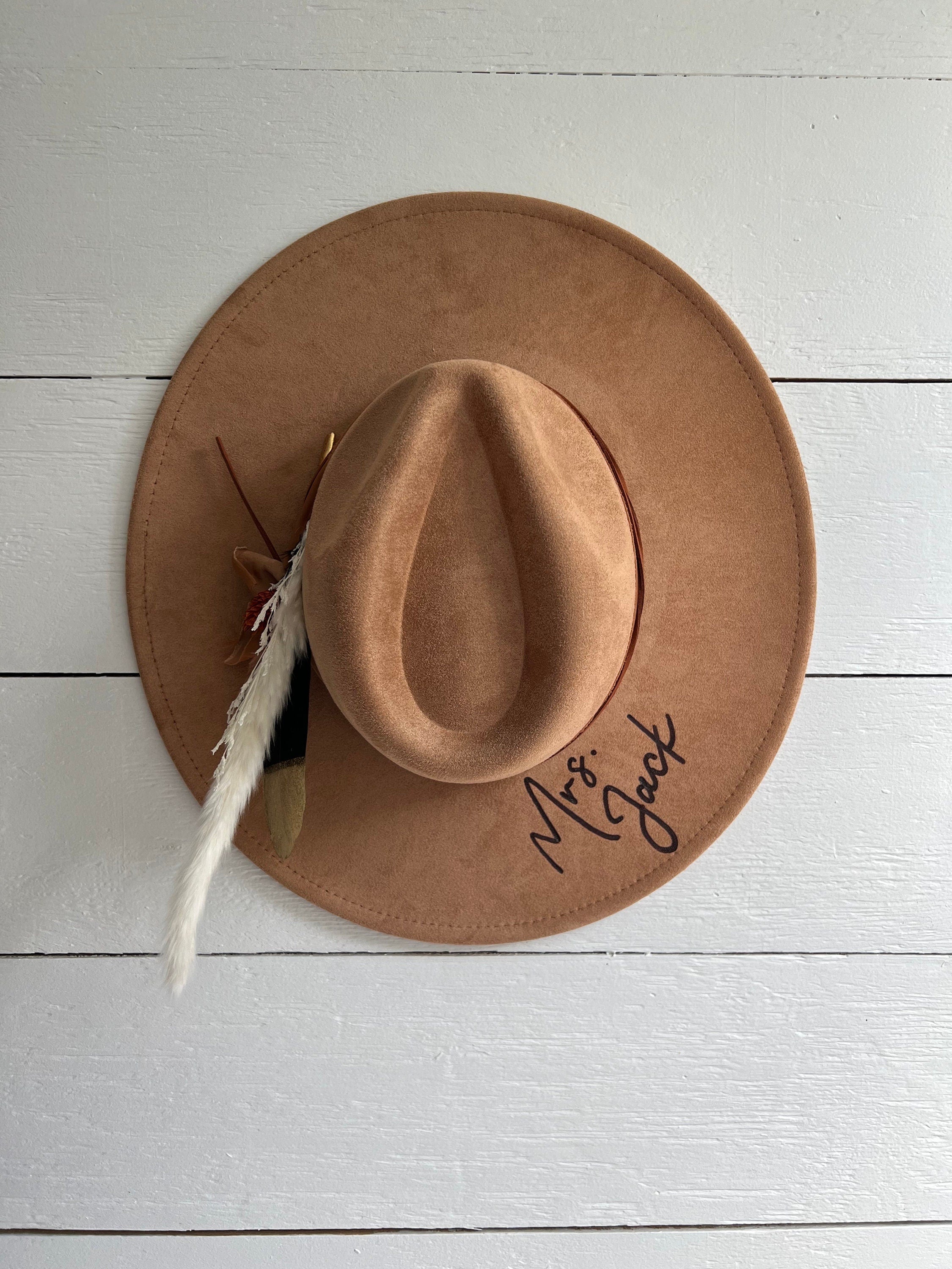 Personalized Burned Hat - (Read Description - Hat Only ) - Wide Brim - Mrs. Customized Hat - Wedding Hat - Last Name Wedding Hat