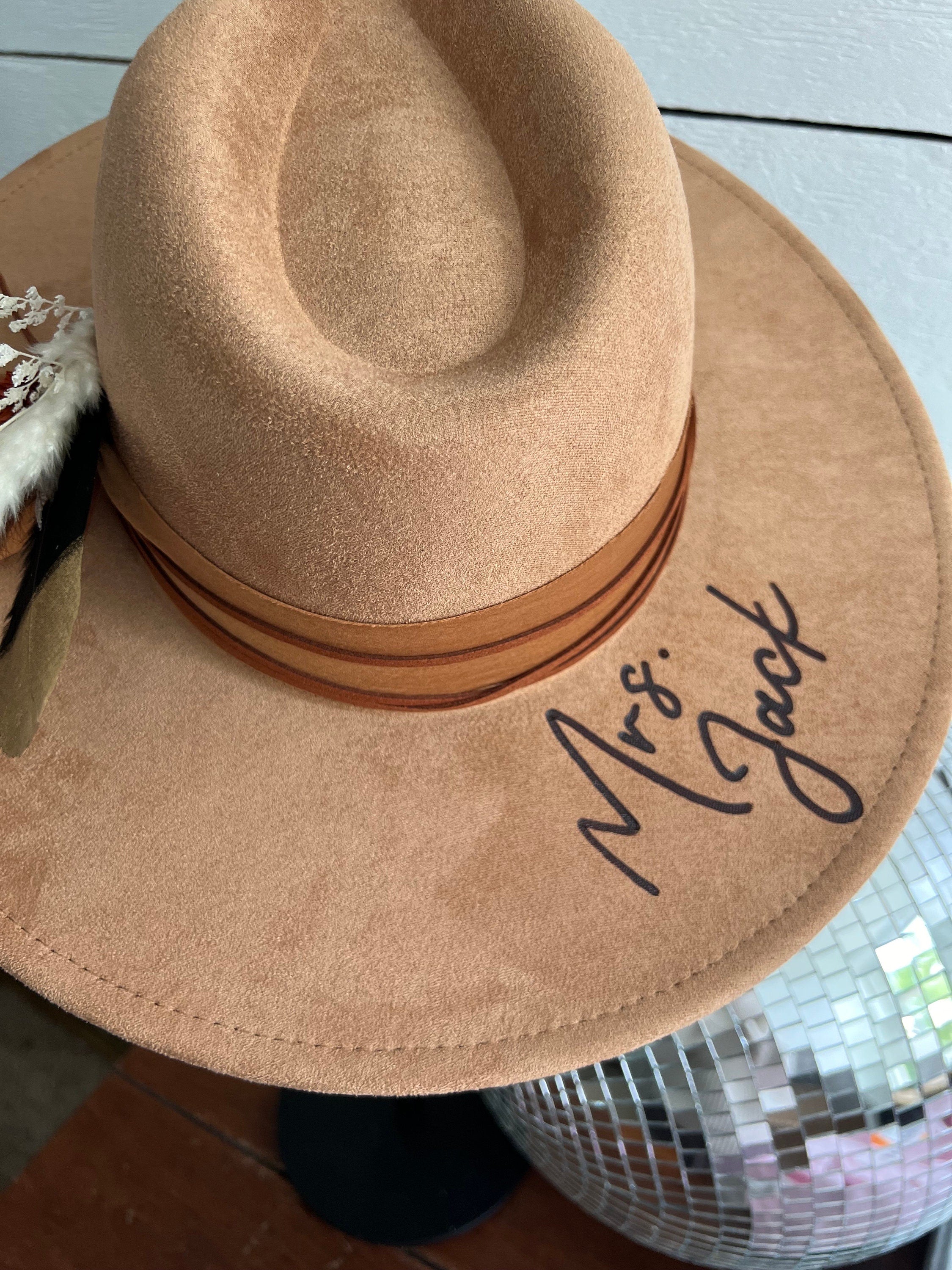 Personalized Burned Hat - (Read Description - Hat Only ) - Wide Brim - Mrs. Customized Hat - Wedding Hat - Last Name Wedding Hat