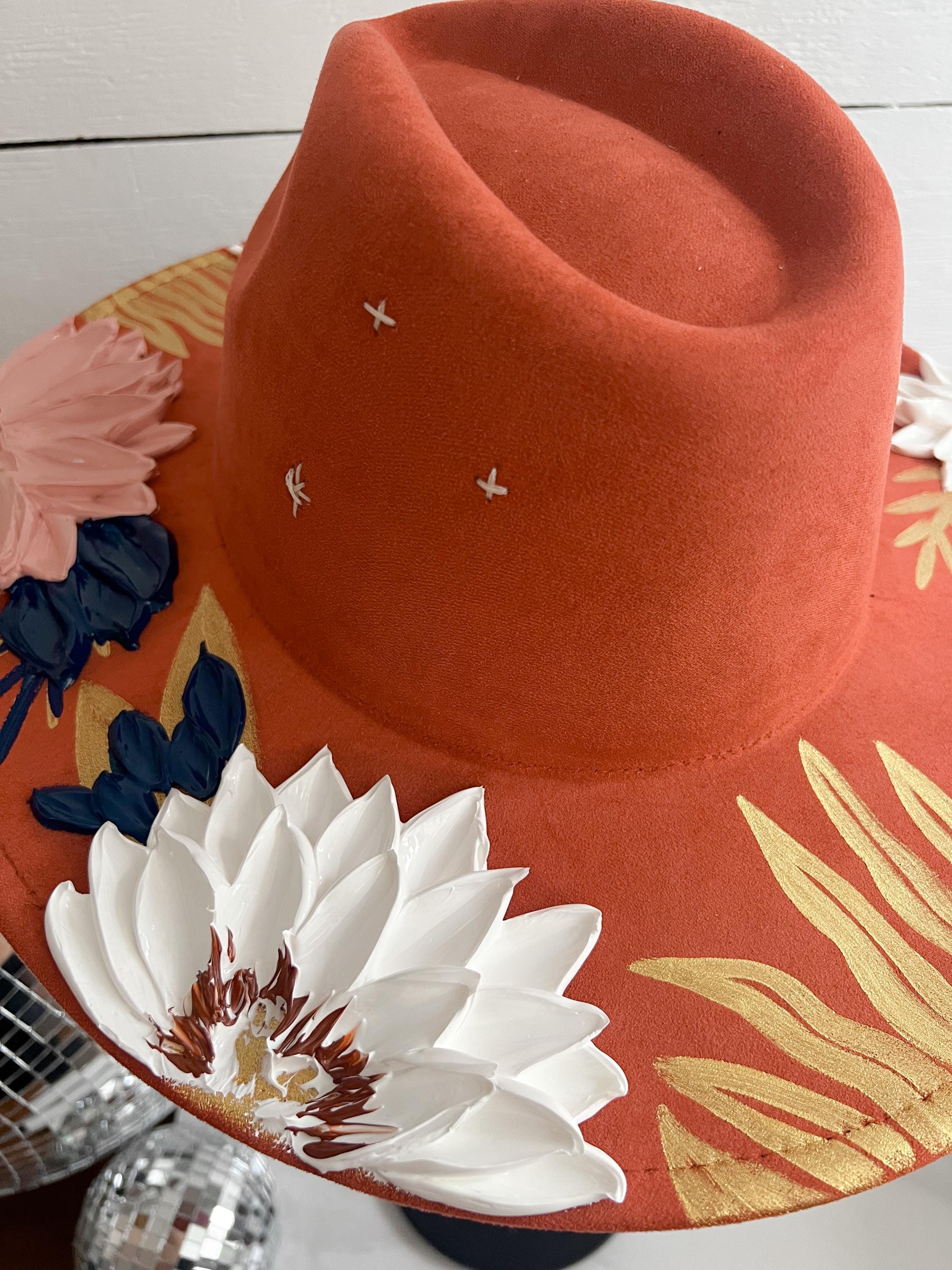 Floral Rancher Hat: Desert Boho Wide Brim, Thick Paint