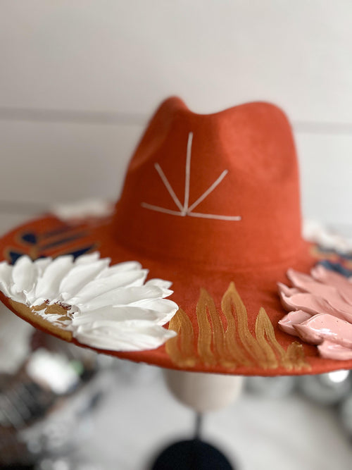 Floral Rancher Hat: Desert Boho Wide Brim, Thick Paint