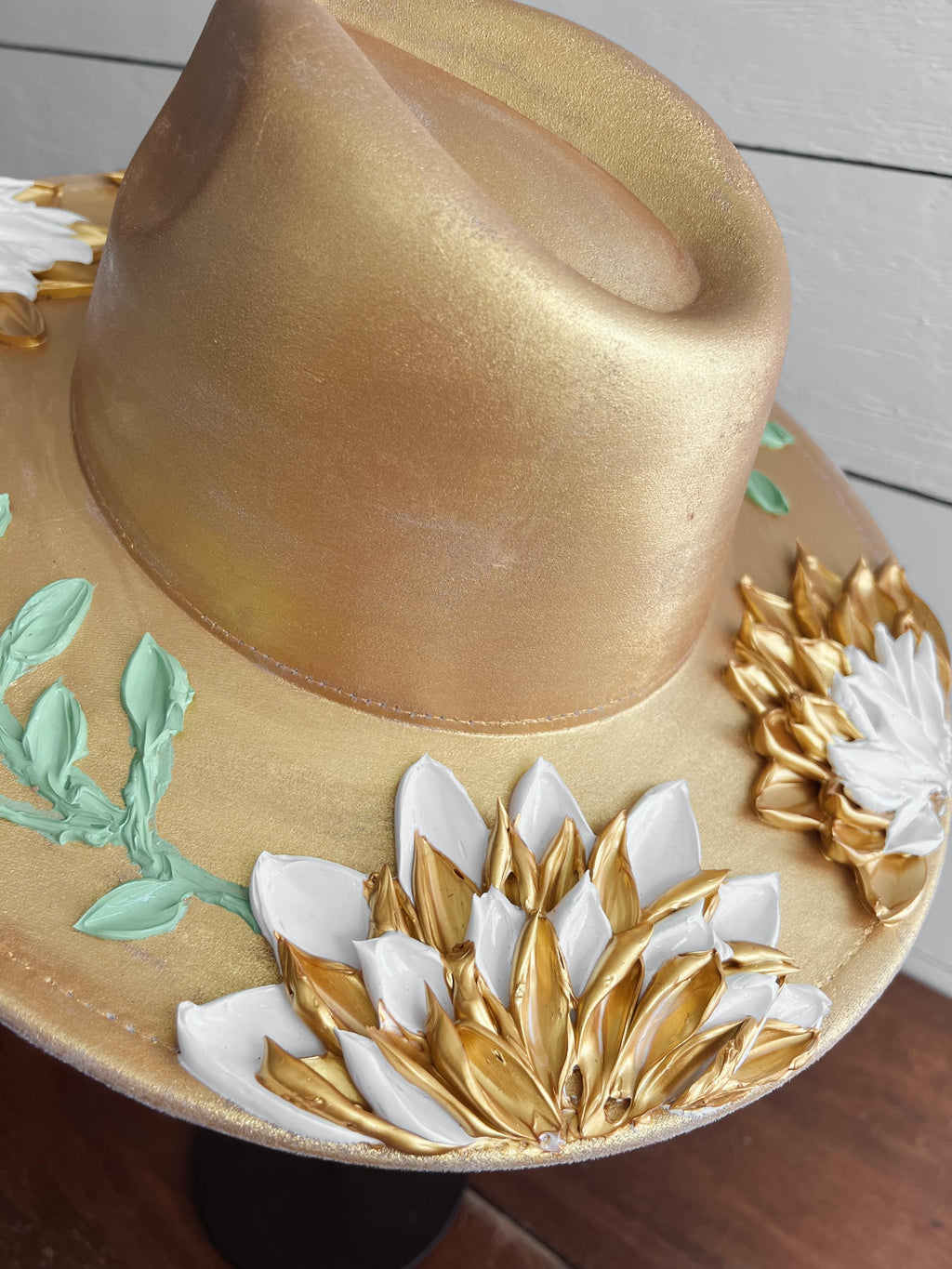 Hand-Painted Flower Rancher Hat: Golden Goddess Boho Brim