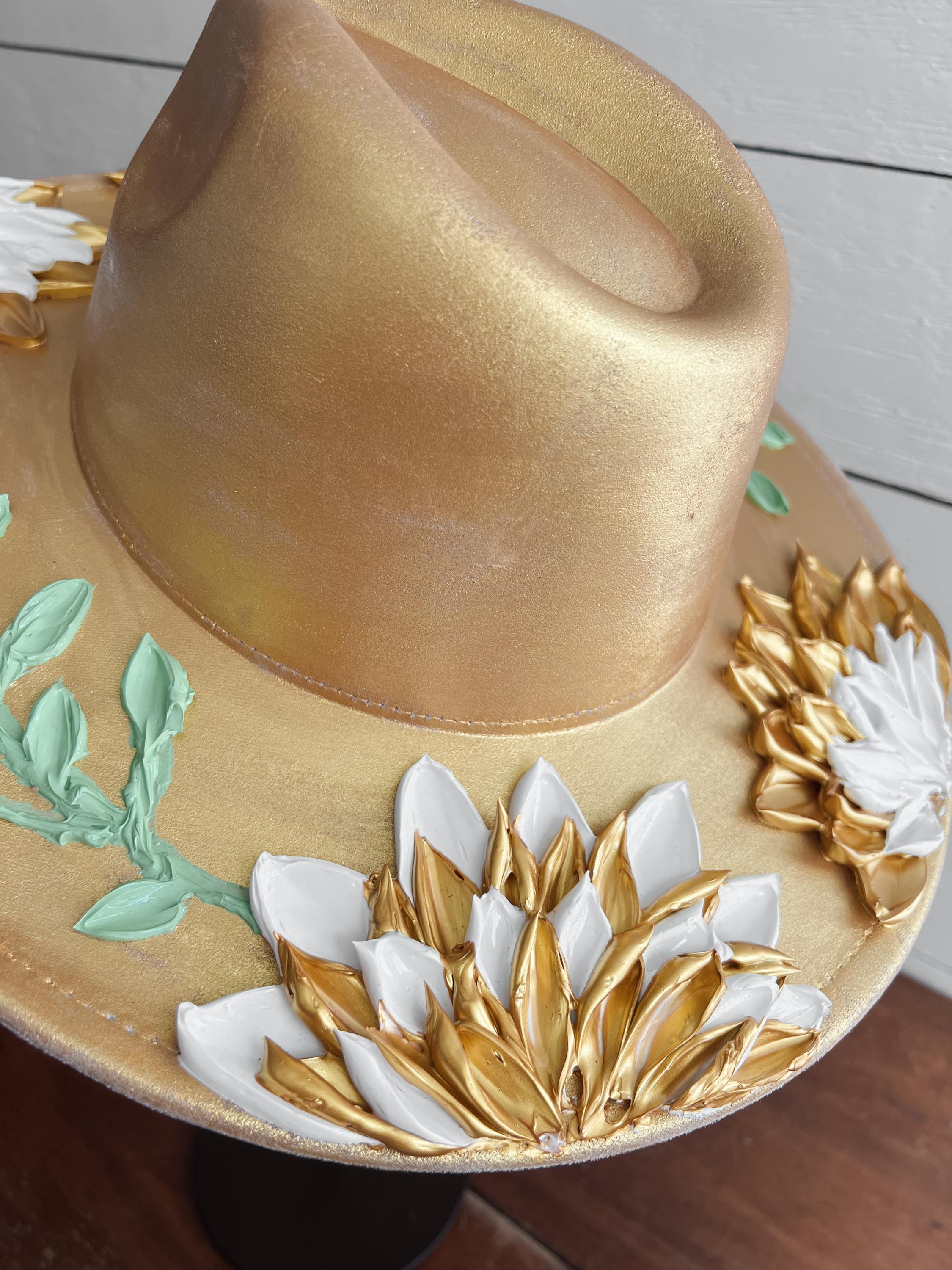 Hand-Painted Flower Rancher Hat: Golden Goddess Boho Brim
