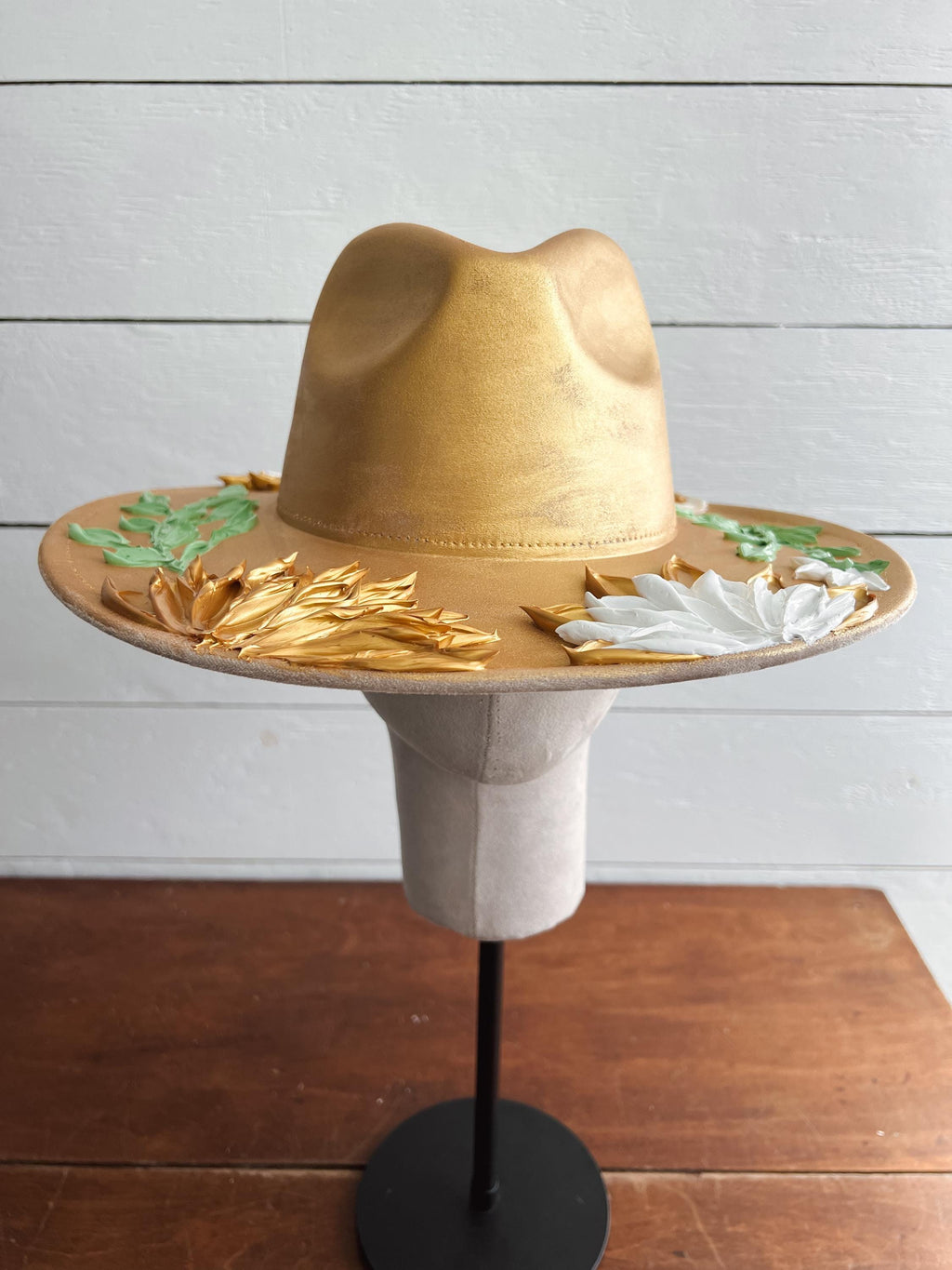 Hand-Painted Flower Rancher Hat: Golden Goddess Boho Brim