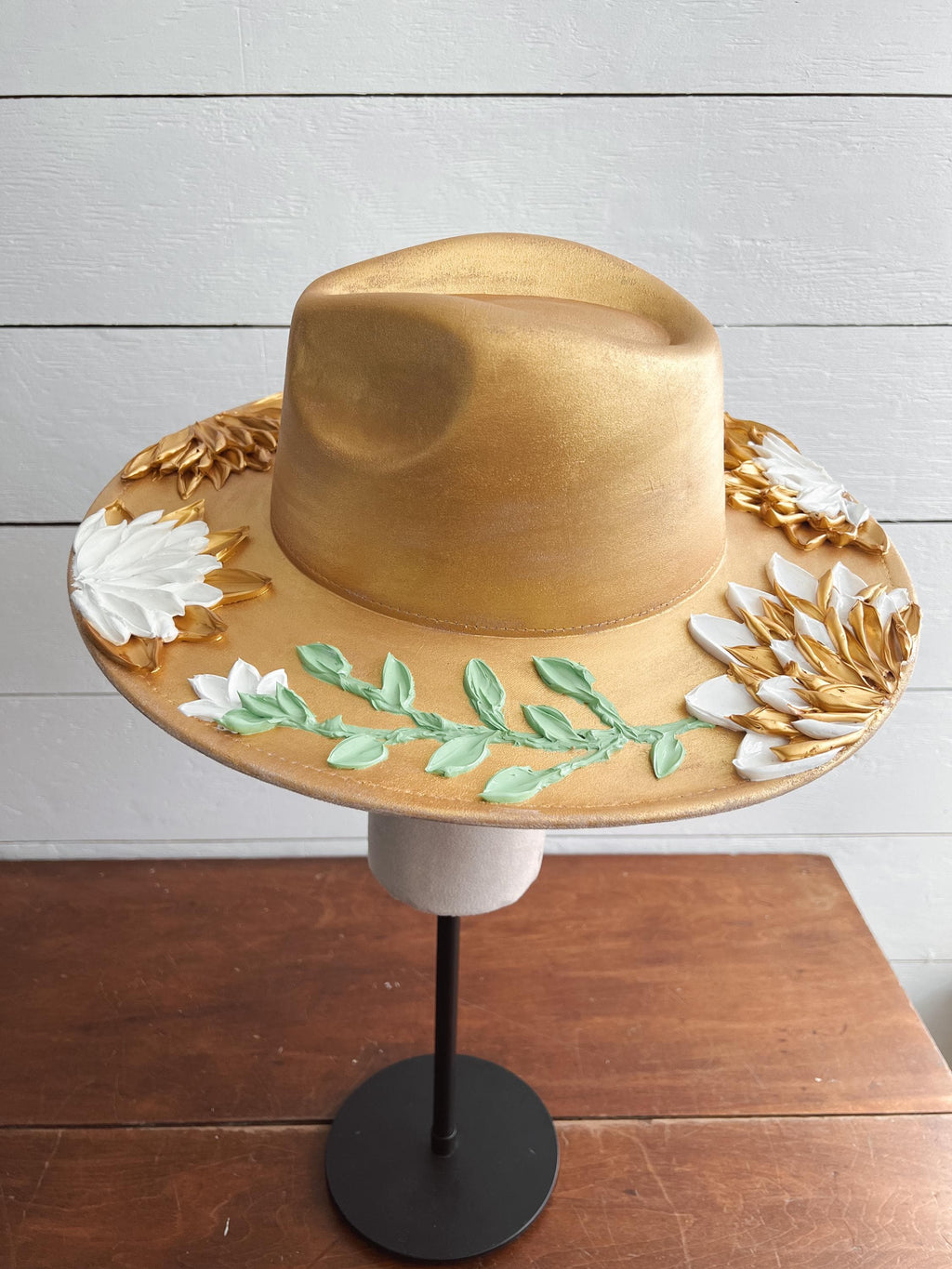 Hand-Painted Flower Rancher Hat: Golden Goddess Boho Brim