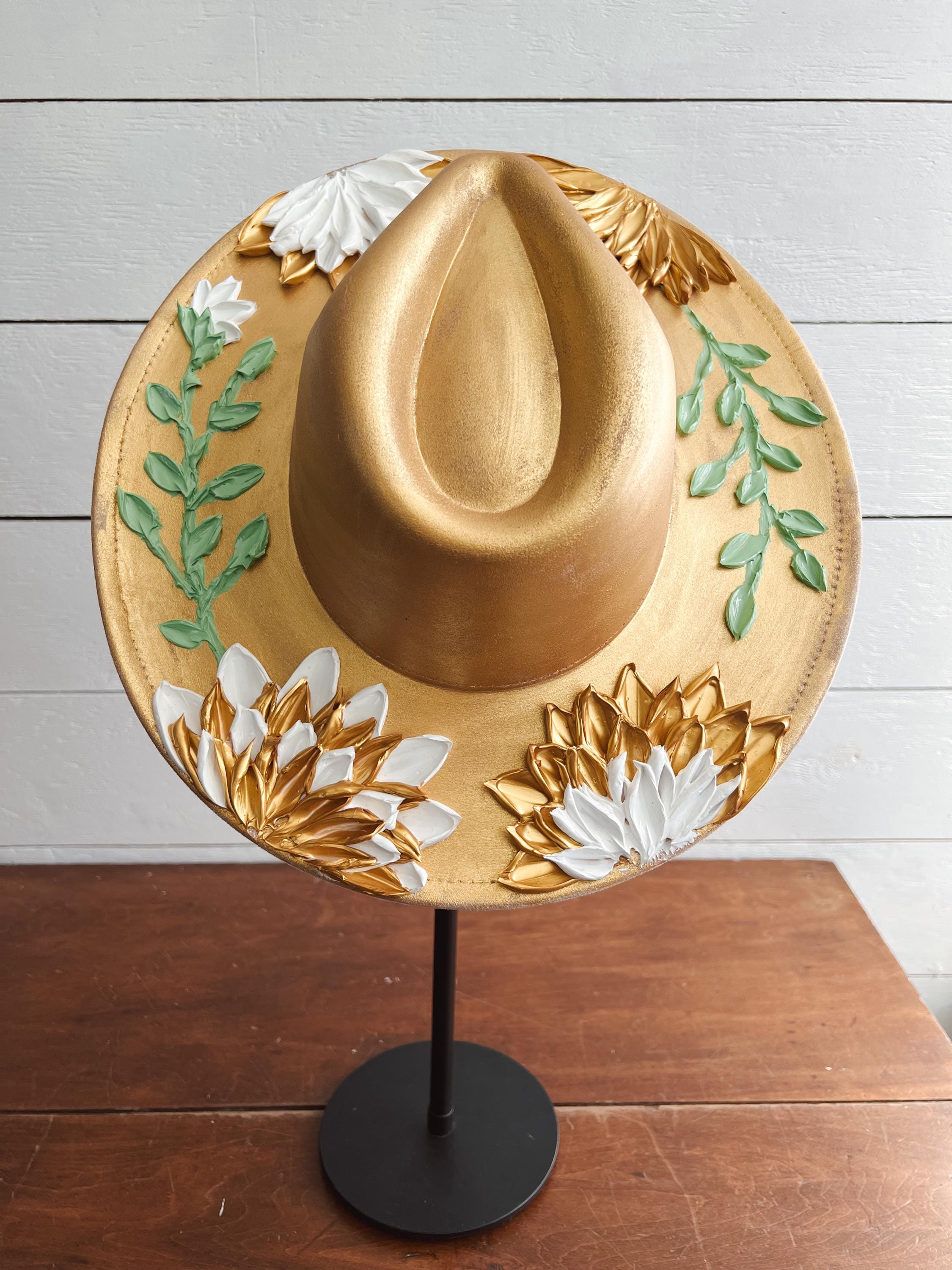 Hand-Painted Flower Rancher Hat: Golden Goddess Boho Brim
